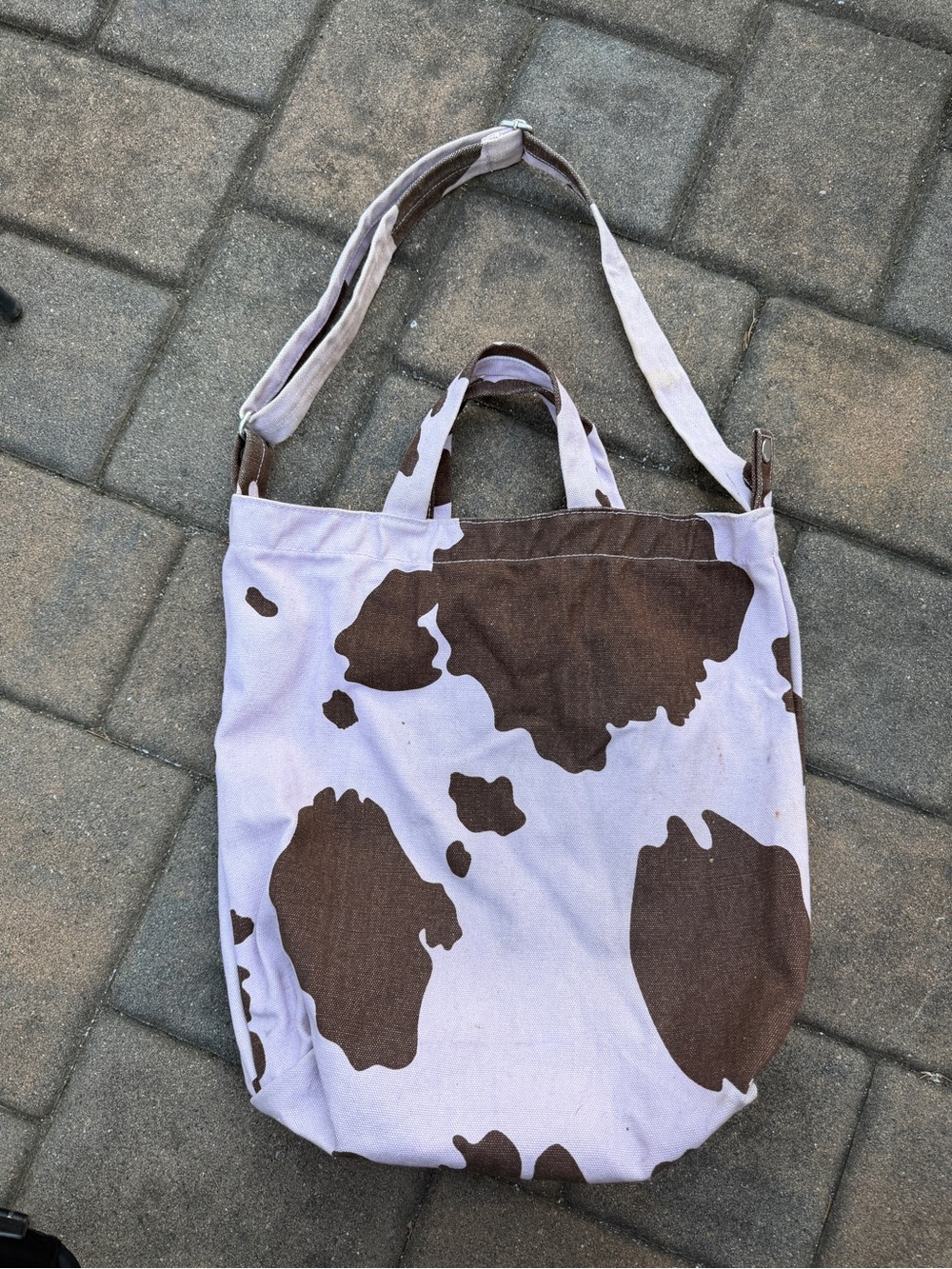 BAGGU Brown and Light Pink Cow Print Canvas Tote
